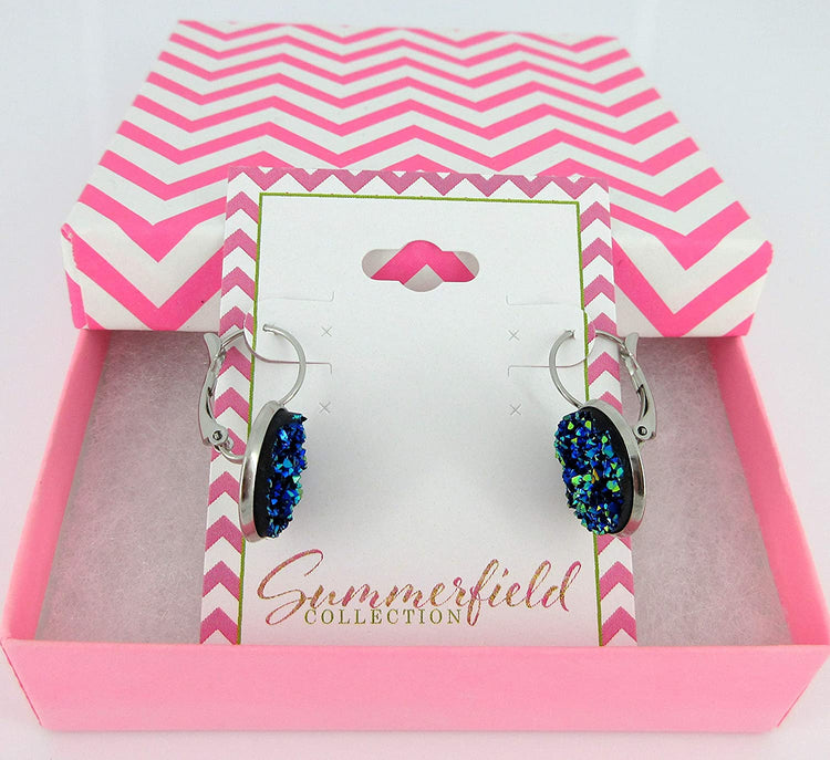 Stainless Steel Faux Druzy Stone Lever-back Drop Earrings 14mm