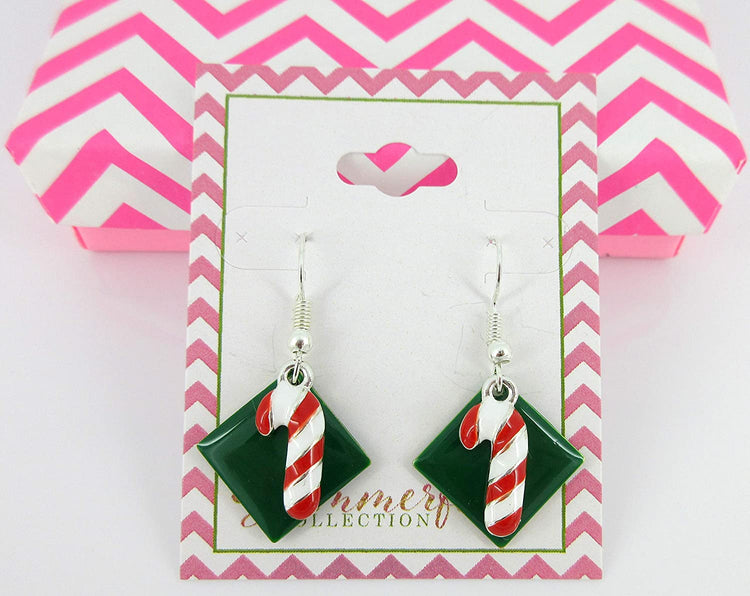 Silver-tone Green Enamel Candy Cane Charm Dangle Earrings