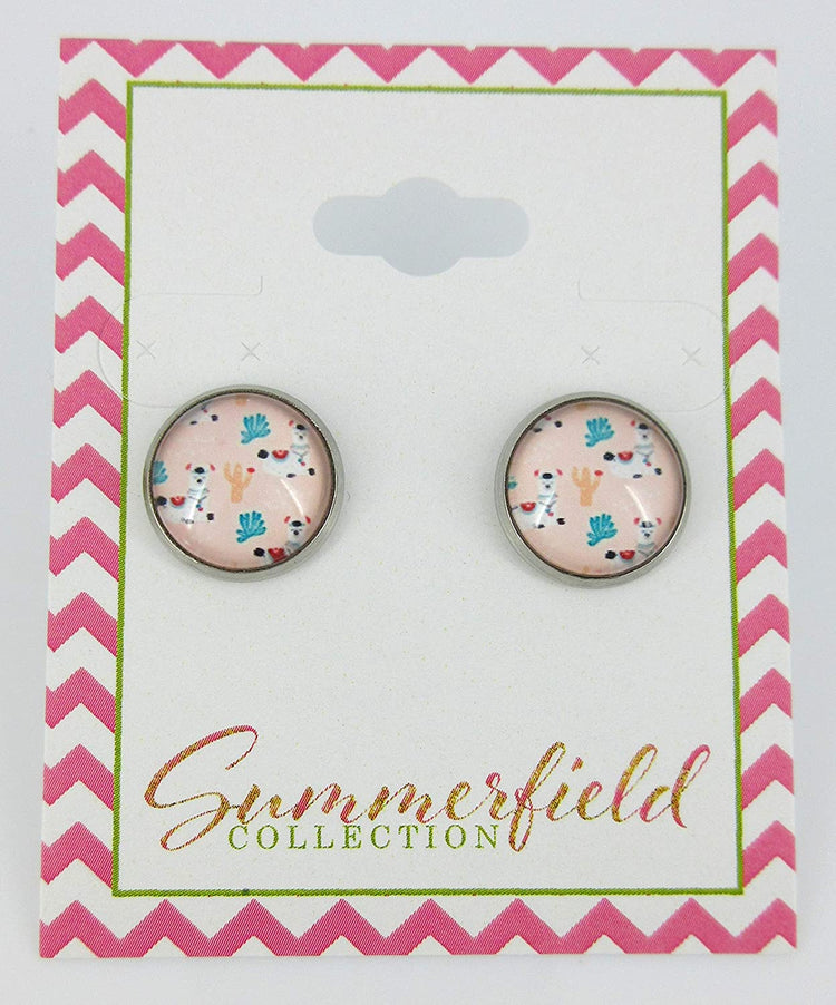 Stainless Steel Pink Llama Print Glass Stud Earrings 12mm
