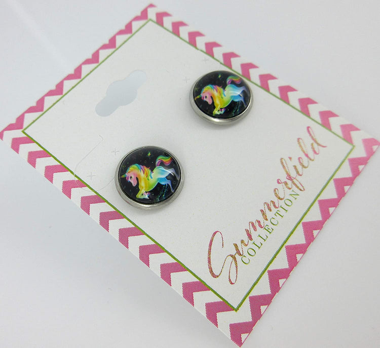 Stainless Steel Rainbow Unicorn Black Print Glass Stud Earrings 12mm