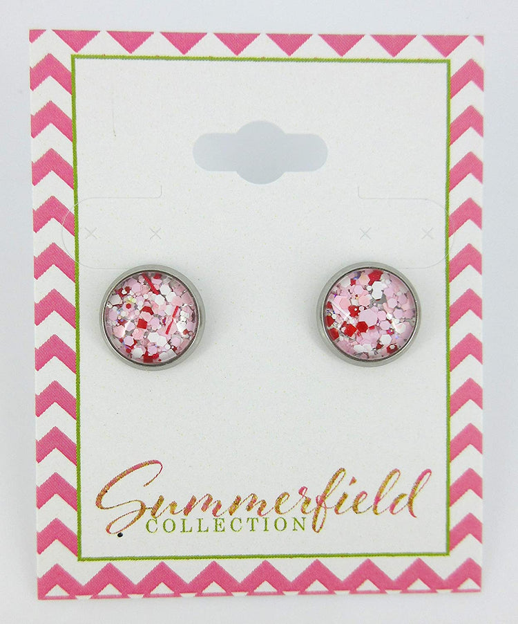 Stainless Steel Pink White Red Glitter Glass Stud Earrings Hand-painted 10mm