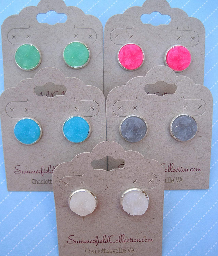 Silver-Tone Gray Faux Druzy Stone Stud Earrings 12mm