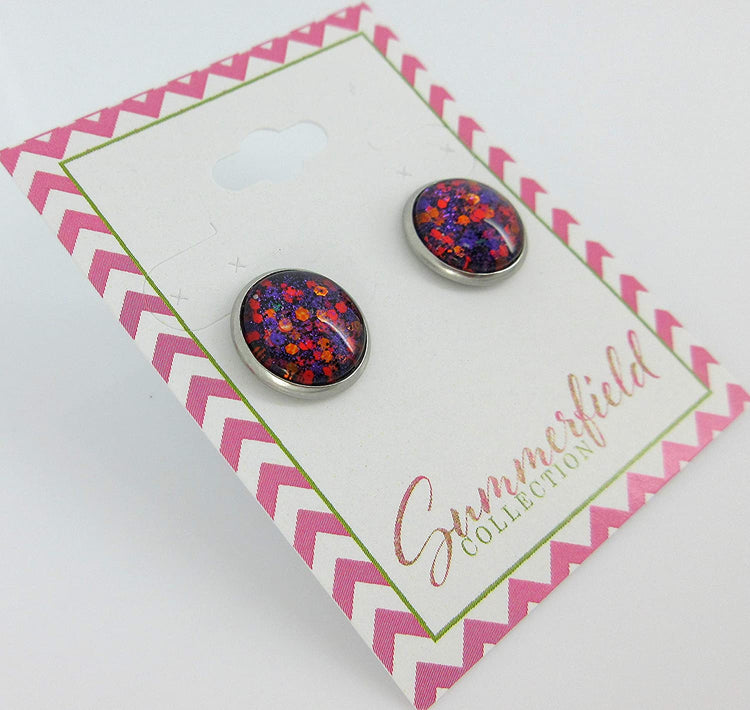 Stainless Steel Purple Orange Glitter Glass Stud Earrings Hand-painted 12mm