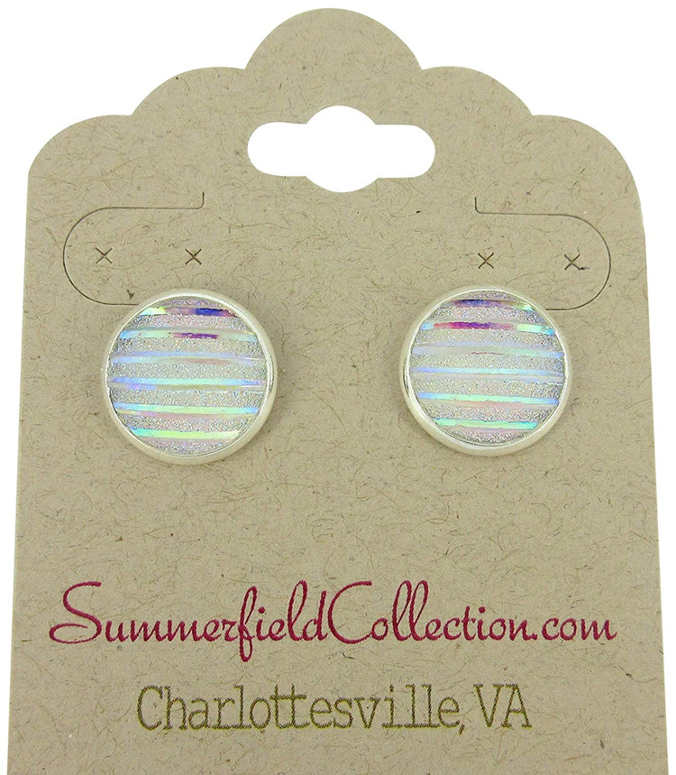 Silver-tone Frosted Metallic Stripe Stud Earrings 12mm (Light Pink AB)