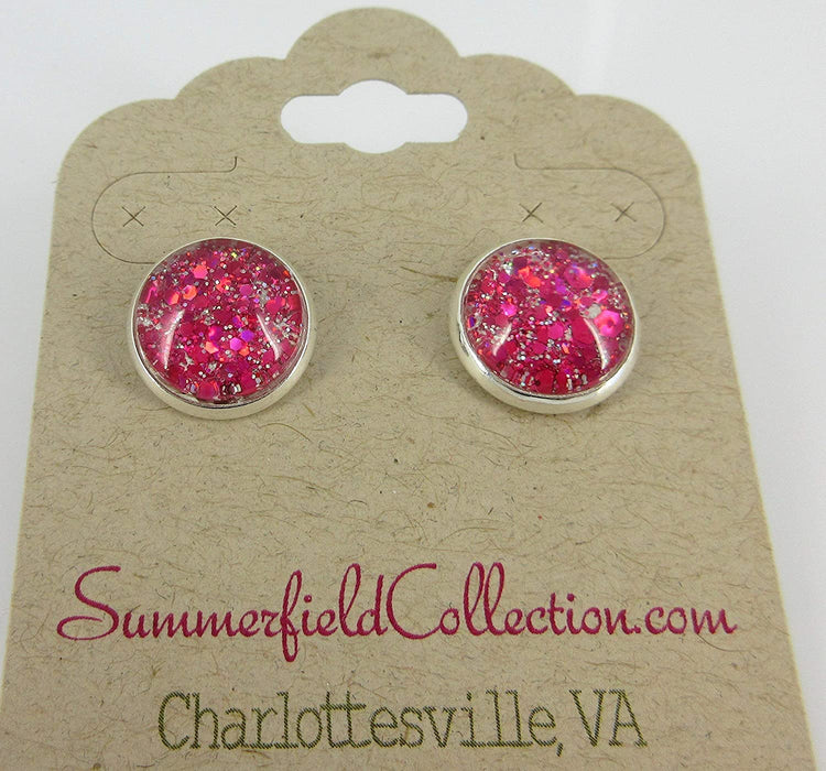 Silver-tone Hot Pink and Pearly White Glitter Glass Stud Earrings Hand-painted 12mm