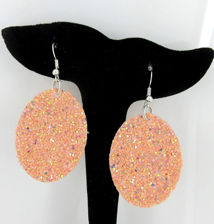 Silver-tone Glitter Faux Leather Oval Dangle Earrings (Peachy Pink)