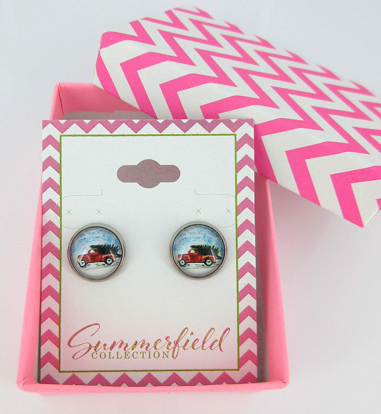 Stainless Steel Red Truck Christmas Tree Print Glass Stud Earrings 12mm