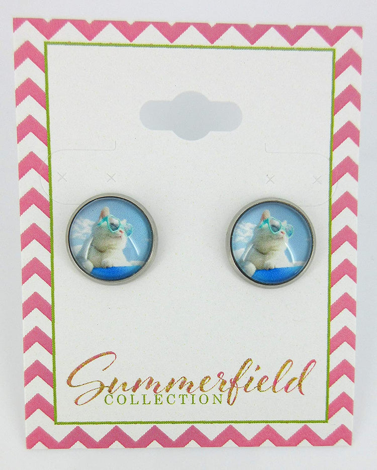 Stainless Steel Cruising Cool Cat in Sunglasses Print Glass Stud Earrings 12mm