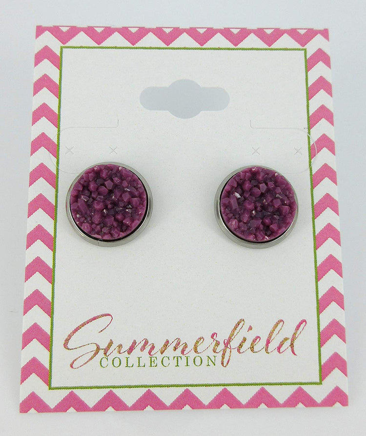 Stainless Steel Purple Faux Druzy Stone Stud Earrings 12mm