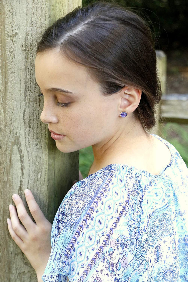 Silver-tone Purple Unicorn Mix Glitter Glass Stud Earrings Hand-painted 10mm