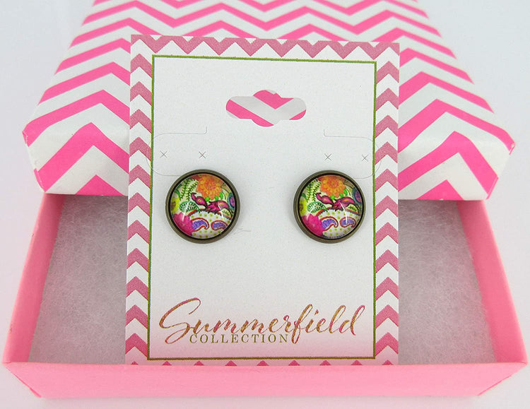 Antiqued Gold-tone Paisley Print Glass Stud Earrings 12mm