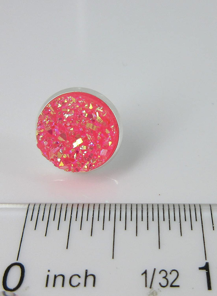 Silver-tone Hot Pink AB Faux Druzy Stone Stud Earrings 12mm