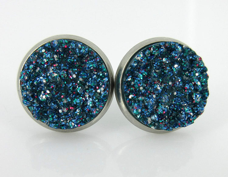 Stainless Steel Purple Silver and Blue Glitter Faux Druzy Stone Stud Trio Earrings Set