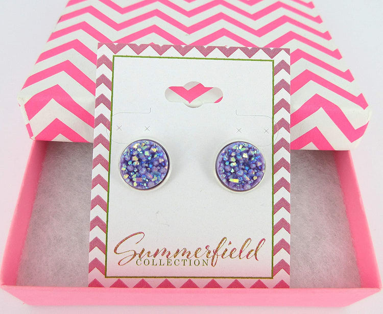 Silver-tone Lavender Purple AB Faux Druzy Stone Stud Earrings 12mm