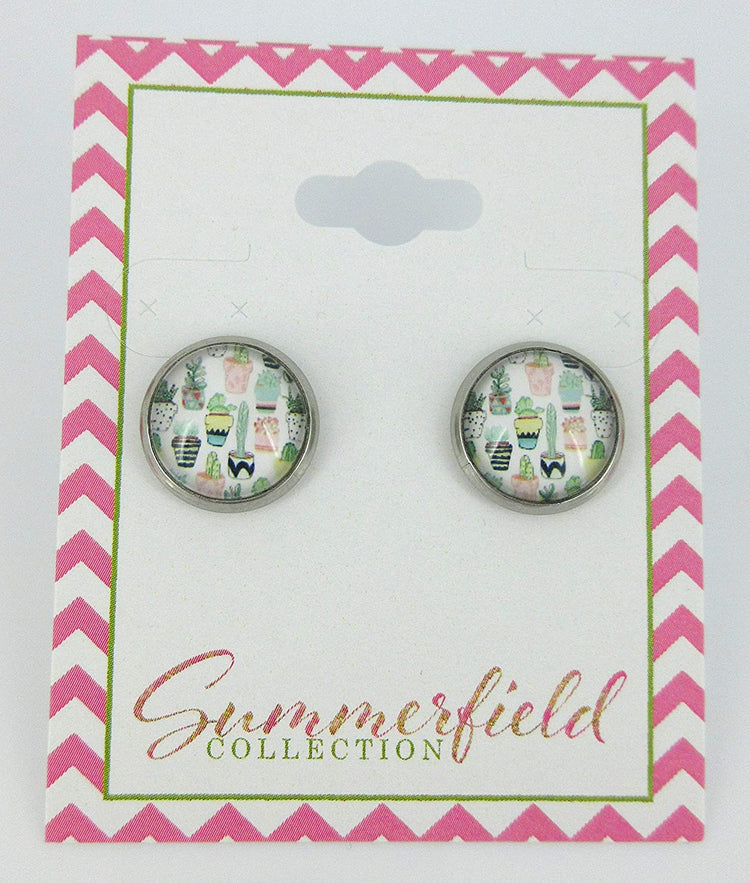 Stainless Steel Potted Succulent Print Glass Stud Earrings 12mm