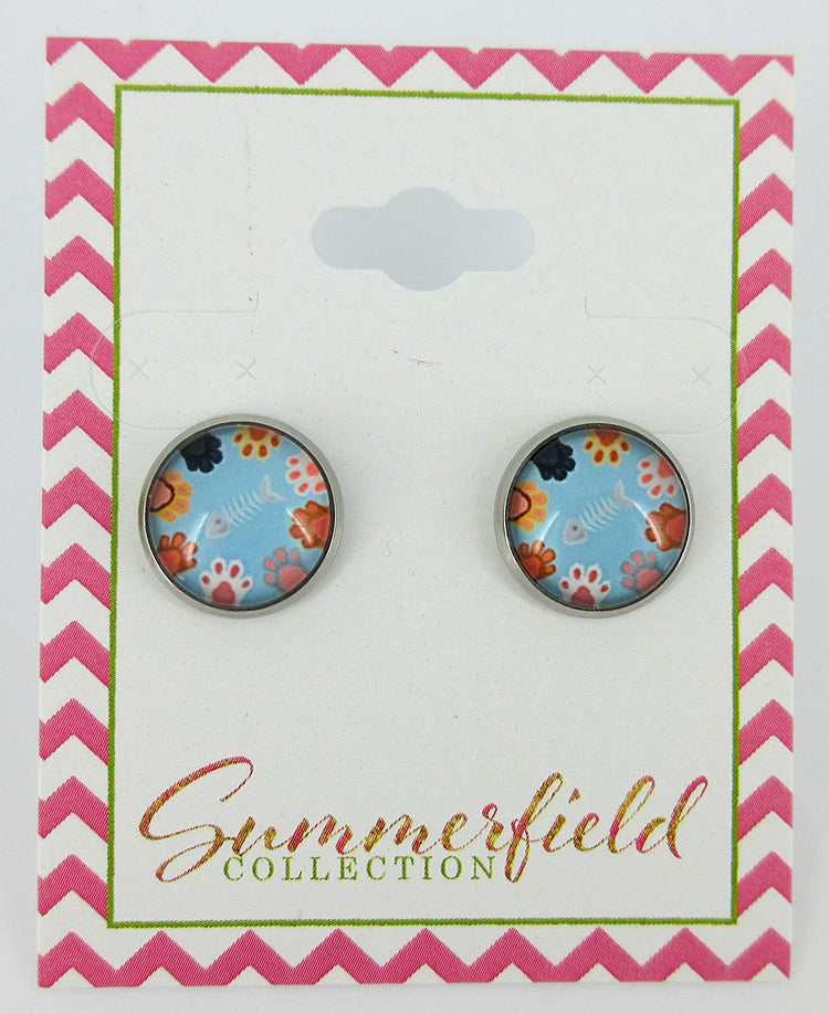 Stainless Steel Sky Blue Cat Paw Print Glass Stud Earrings 12mm