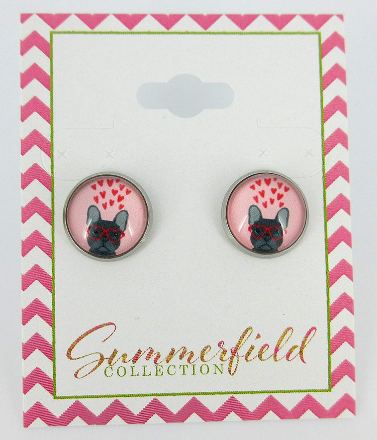 Stainless Steel French Bulldog Sunglasses Print Glass Stud Earrings 12mm