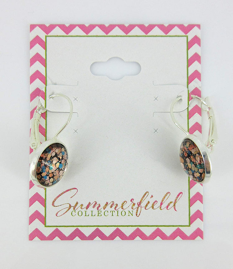 Silver-tone Black and Multi-Color Confetti Glitter Glass Lever-back Drop Earrings Hand-painted