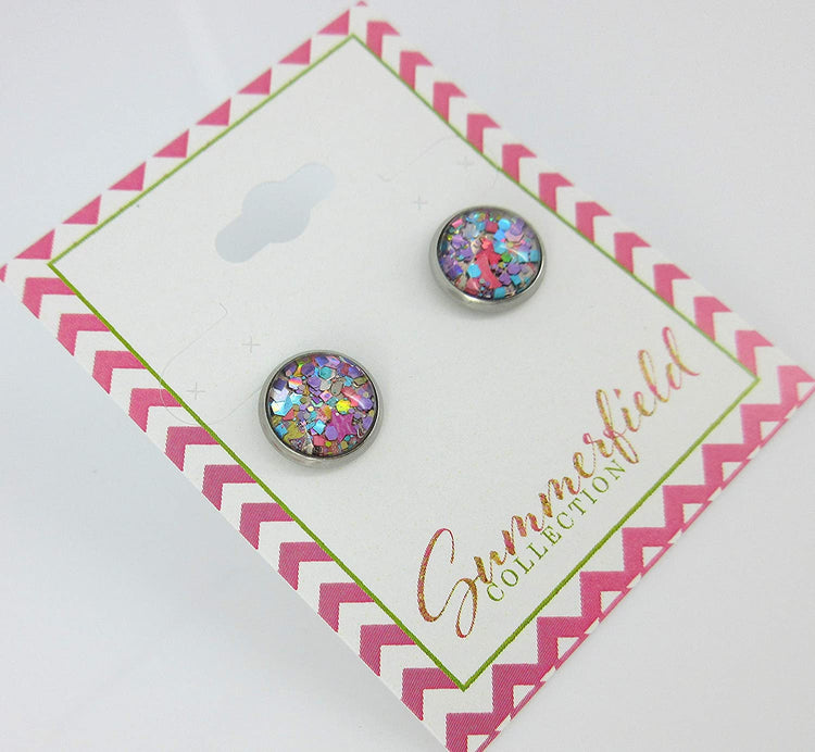 Stainless Steel Metallic Pastel Glitter Glass Stud Earrings Hand-painted 10mm