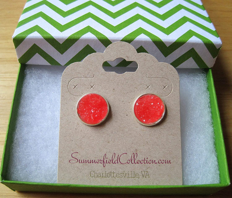 Silver-tone Bright Cherry Red Faux Druzy Stone Stud Earrings 12mm