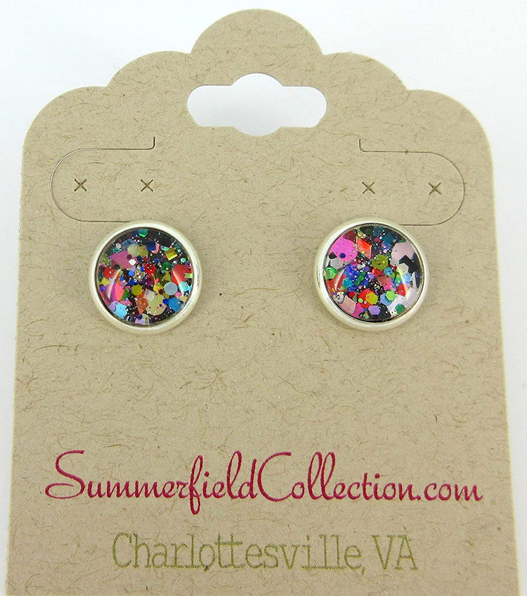 Silver-tone Black and Multi-Color Confetti Glitter Glass Stud Earrings Hand-painted 10mm