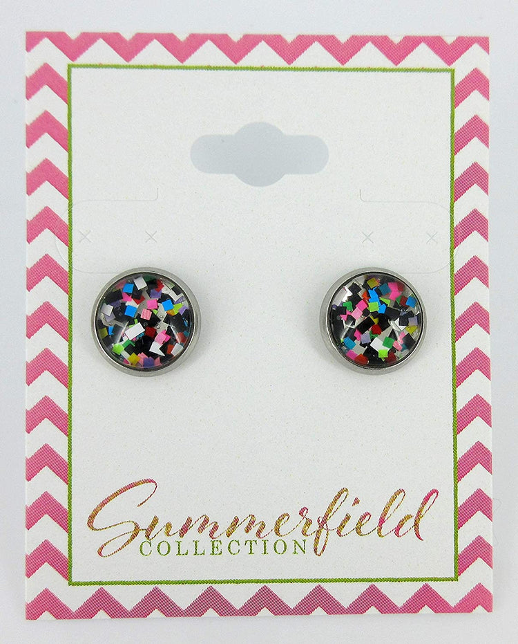 Stainless Steel Pixel Party Glitter Glass Stud Earrings Hand-painted 10mm