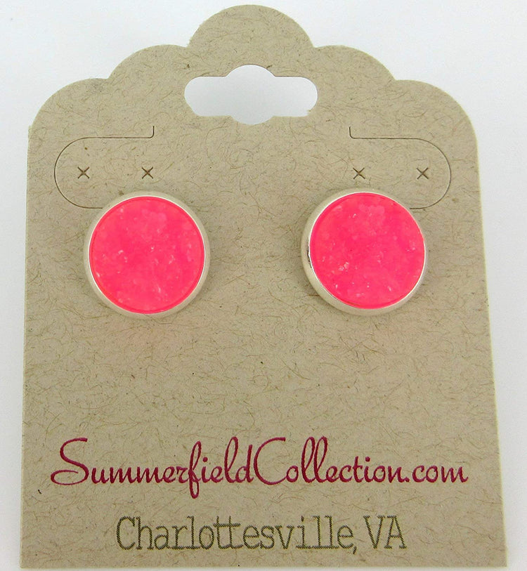 Silver-tone Neon Pink Faux Druzy Stone Stud Earrings 12mm