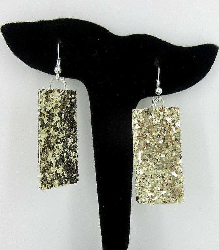 Gold Glitter Faux Leather Large Rectangle Dangle Earrings