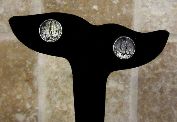 Silver-tone Black Shattered Glitter Glass Stud Earrings Hand-painted 12mm
