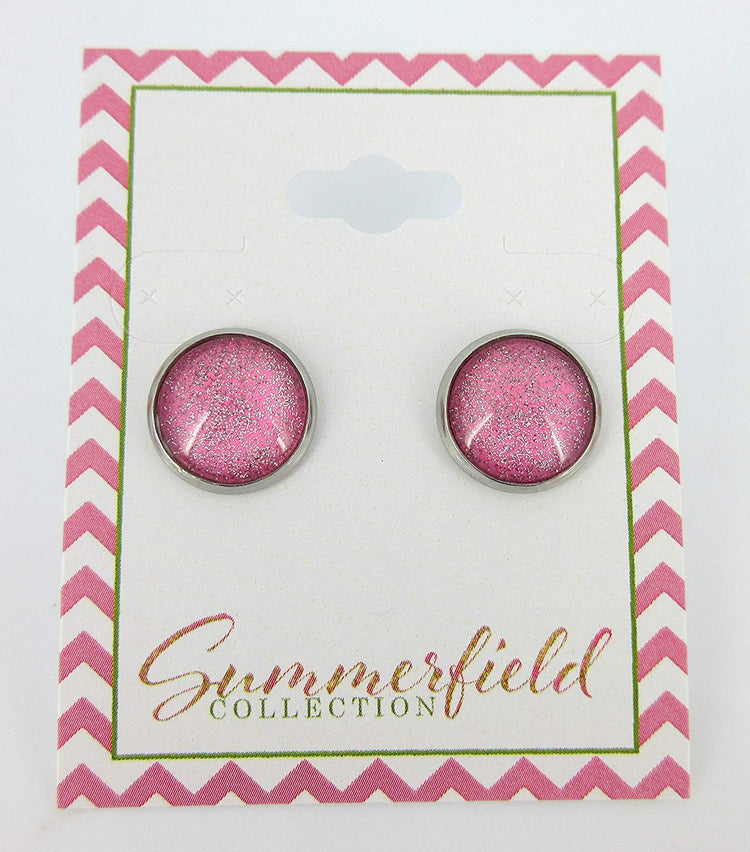 Stainless Steel Pink and Silver Glitter Glass Stud Earrings Hand-painted 12mm