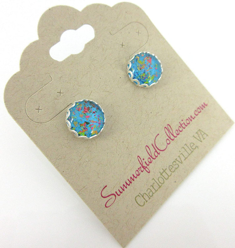 Silver-tone Aqua Blue and Rainbow Flake Glass Stud Earrings Hand-painted 10mm
