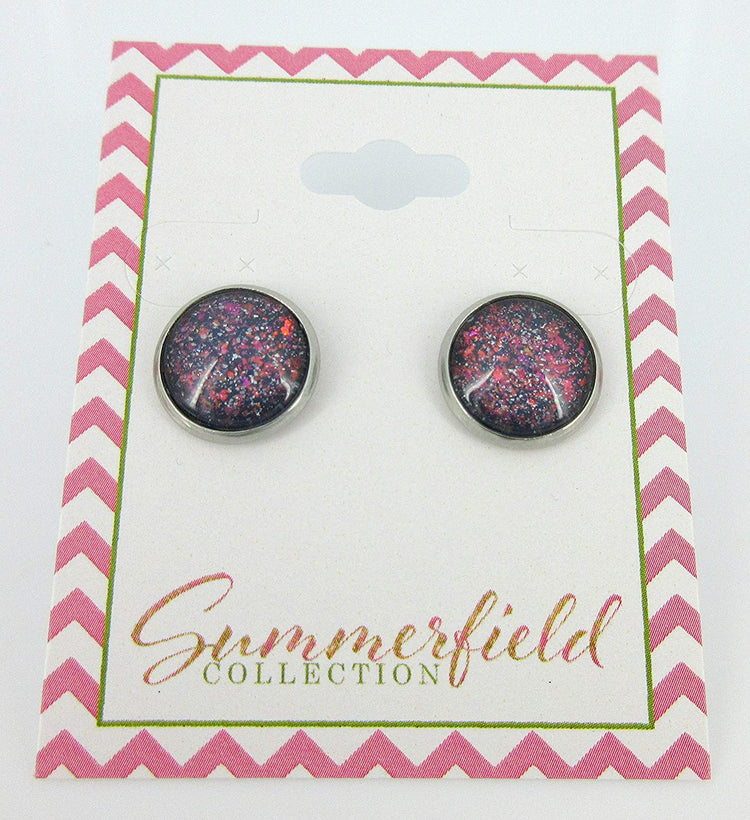 Stainless Steel Gray and Rainbow Holographic Glitter Glass Stud Earrings Hand-painted 12mm