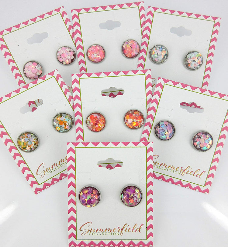 Stainless Steel Glitter Resin Globe Stud Earrings 12mm Magenta