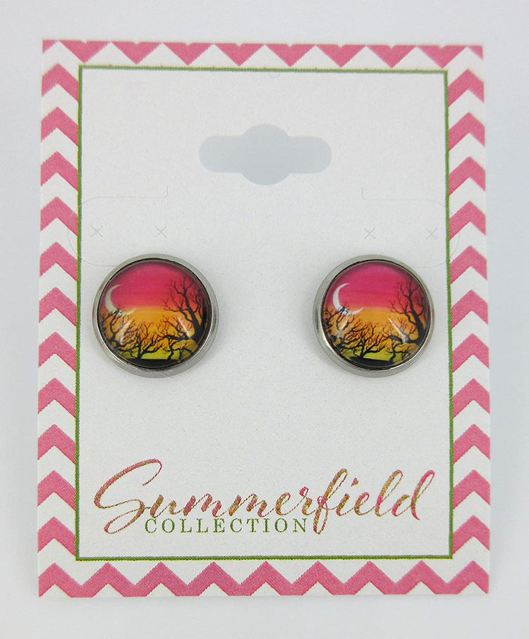Stainless Steel Winter Sunset Print Glass Stud Earrings 12mm