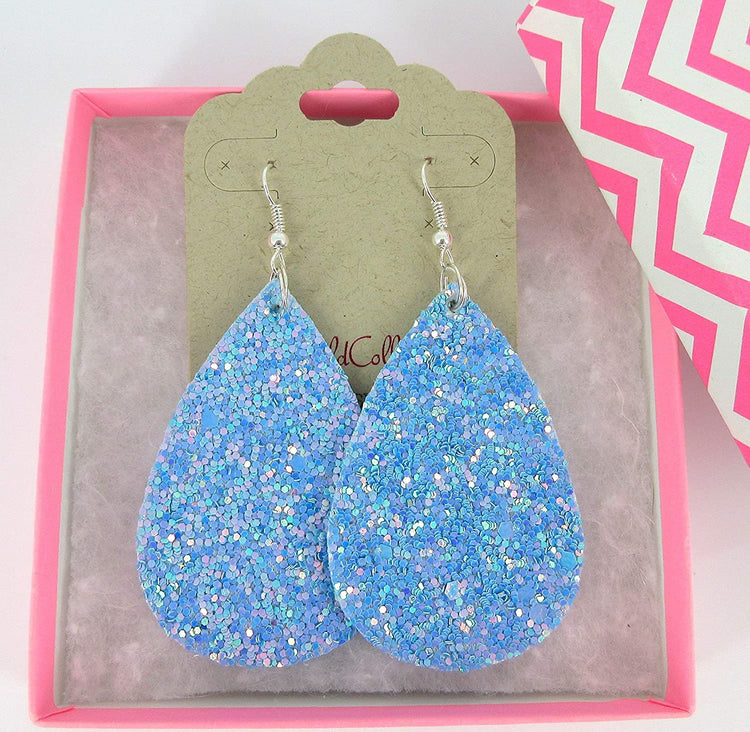 Silver-tone Glitter Faux Leather Large Teardrop Dangle Earrings