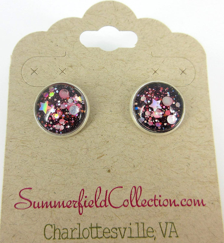 Silver-tone Stardust Glitter Glass Galaxy Stud Earrings Hand-painted 12mm