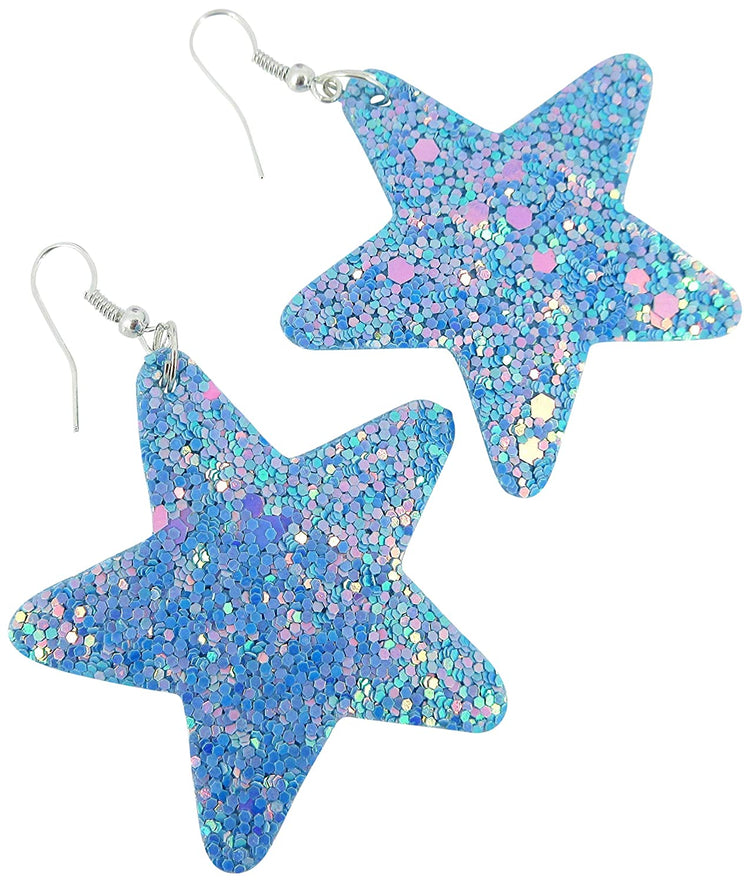 Glitter Faux Leather Large Star Dangle Earrings