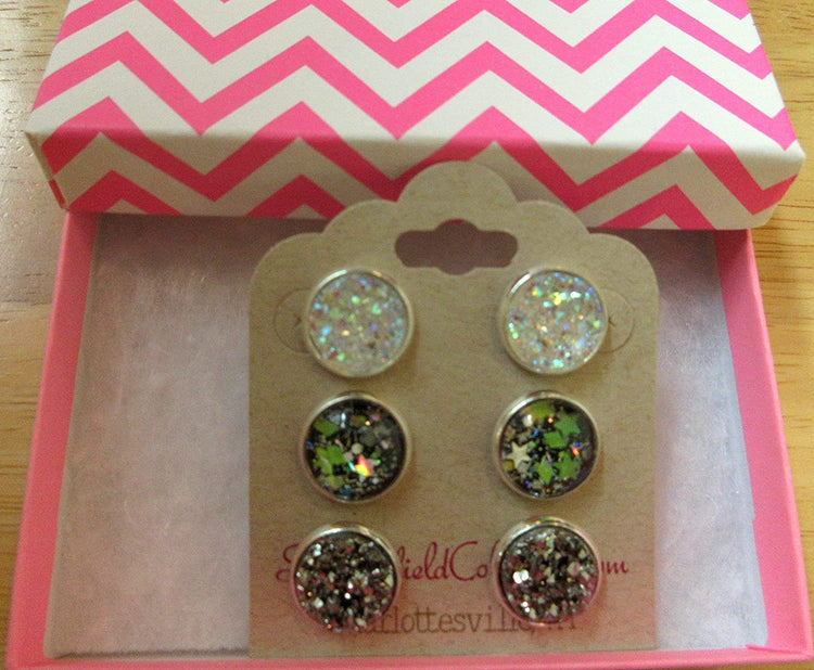 Silver-tone Trio Stud Earrings Neon Green Black Glitter Glass Gunmetal Clear Faux Druzy Stone Set