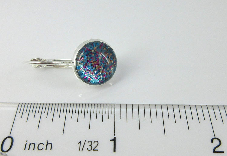 Silver-tone Blue and Pink Confetti Glitter Glass Lever-back Drop Earrings Hand-painted
