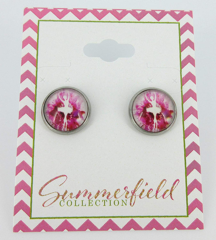 Stainless Steel Pink and White Ballet Dancer Printed Glass Stud Earrings 12mm