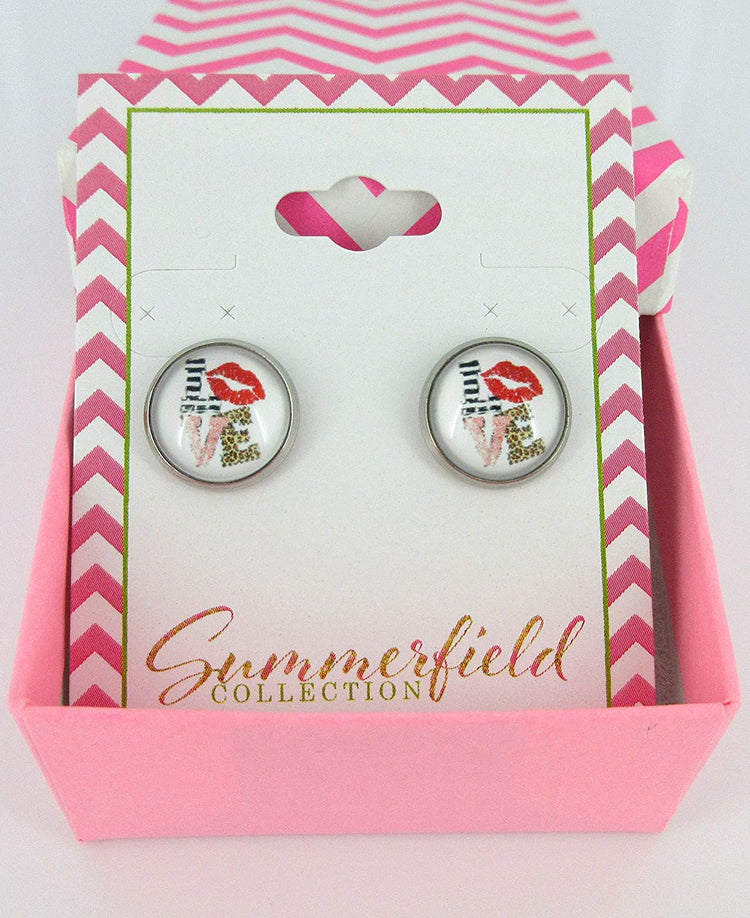 Stainless Steel Love Print Glass Stud Earrings 12mm White Animal Red Lips