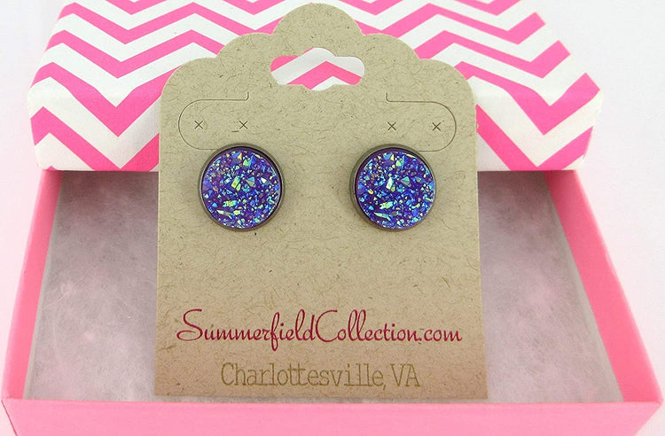 Hematite-tone Purple Faux Druzy Stone Stud Earrings 12mm