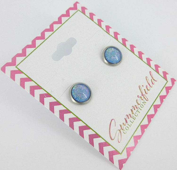 Stainless Steel Sky Blue and Rainbow Glitter Flake Glass Stud Earrings Hand-painted
