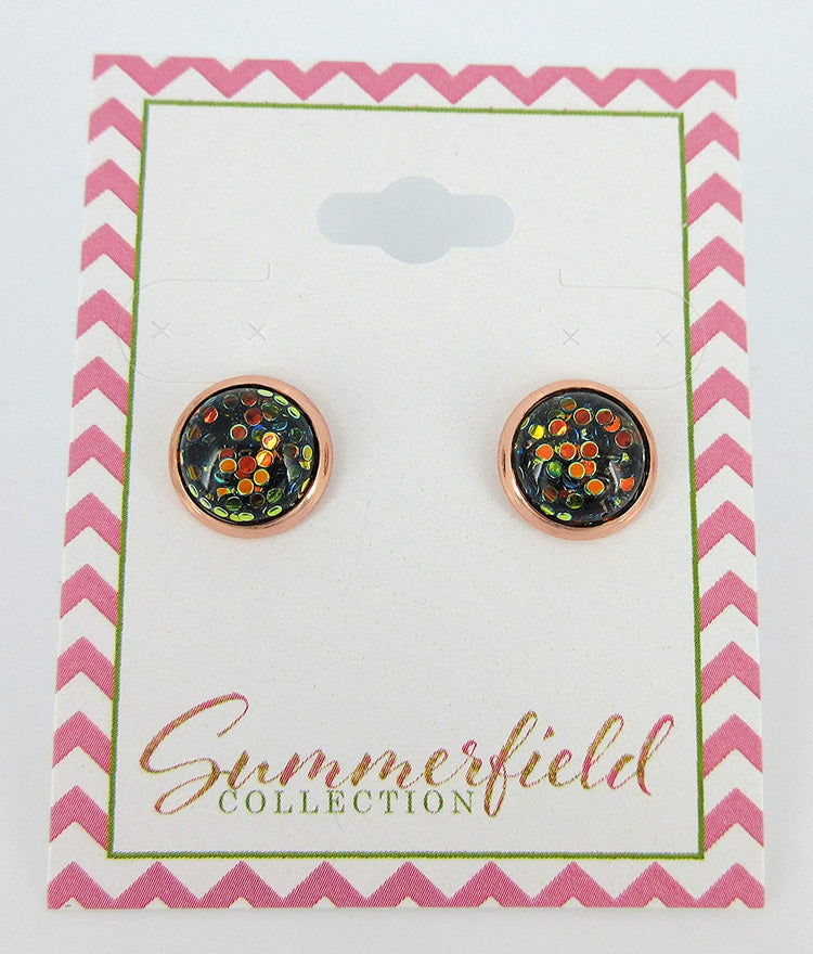 Rose Gold-tone Black and Green Iridescent Glitter Resin Stud Earrings 10mm