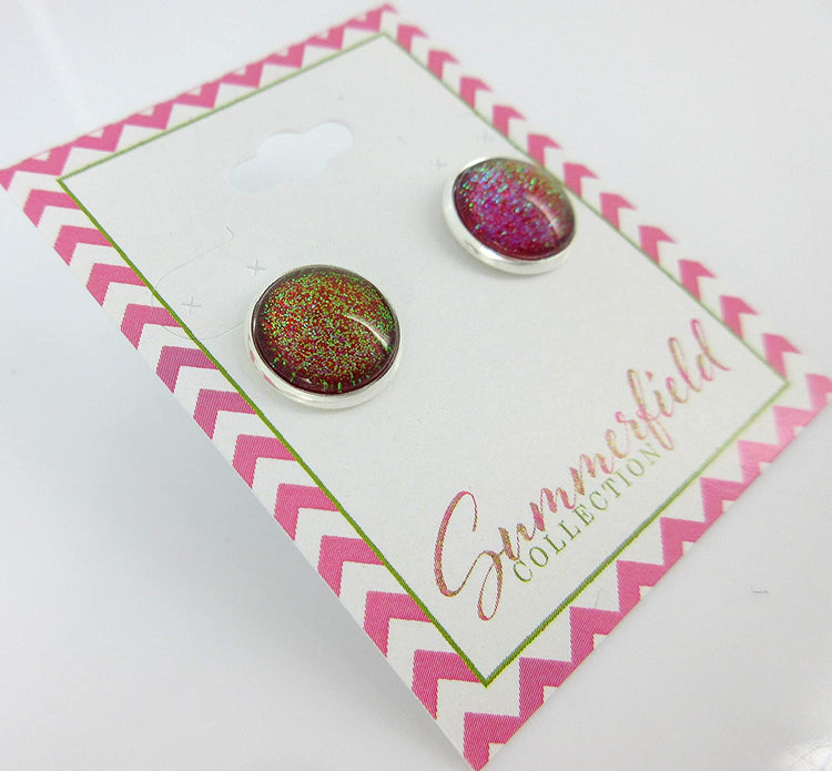 Silver-tone Red and Green Glitter Glass Stud Earrings Hand-painted