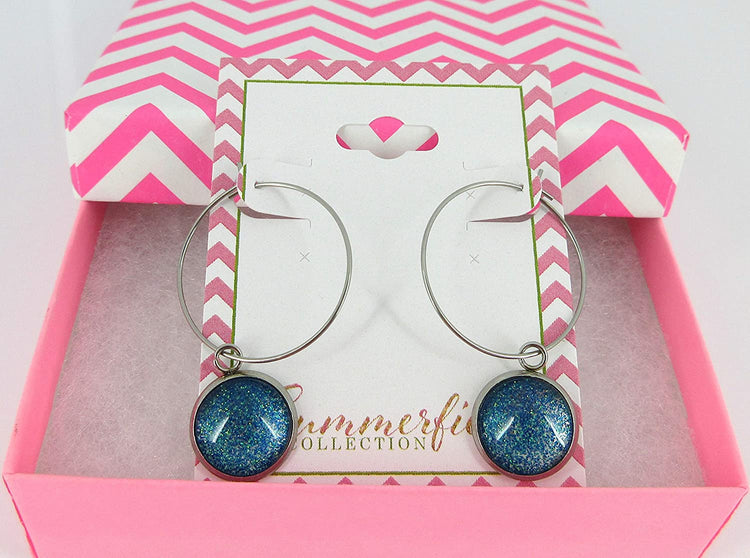 Stainless Steel Blue Green Glitter Glass Charm Hoop Earrings Hand-painted 1"