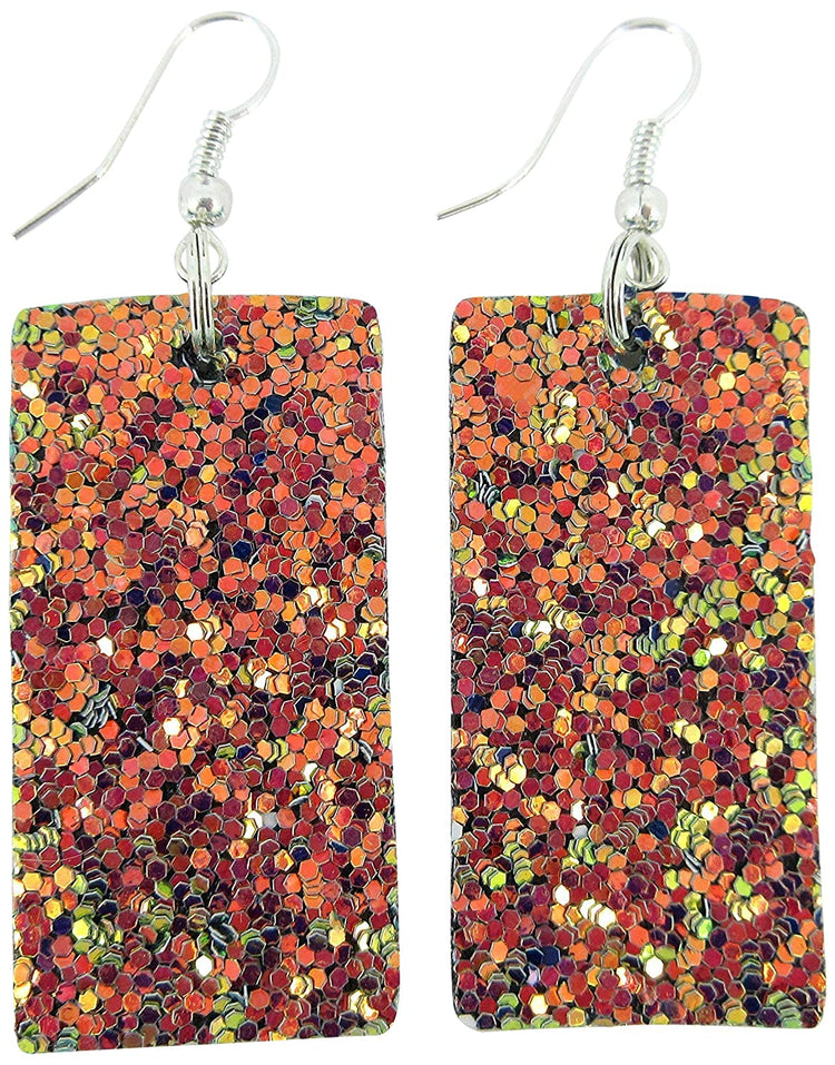 Silver-tone Glitter Faux Leather Large Rectangle Dangle Earrings (Gold and Rainbow)