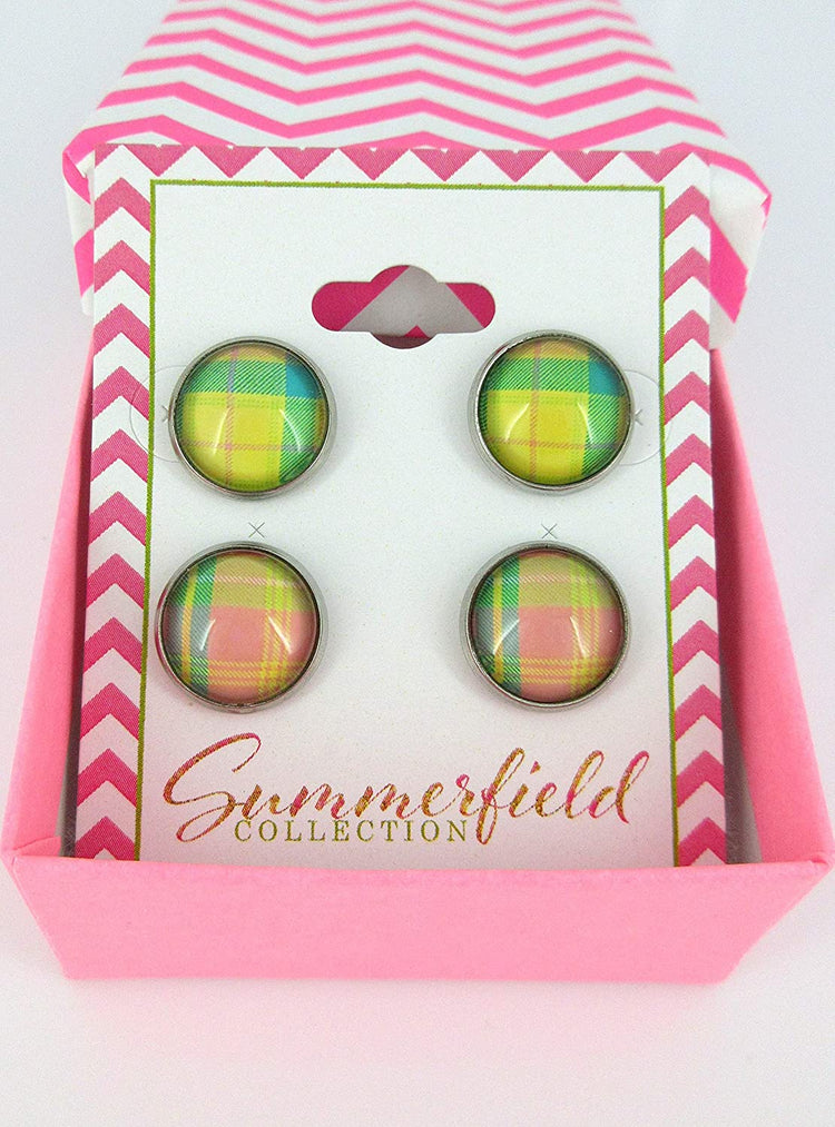 Stainless Steel Duo Stud Earrings Plaid Print Glass 12mm Set