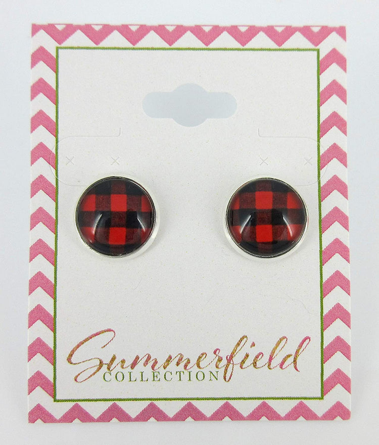 Silver-tone Black and Red Buffalo Plaid Print Glass Stud Earrings 12mm