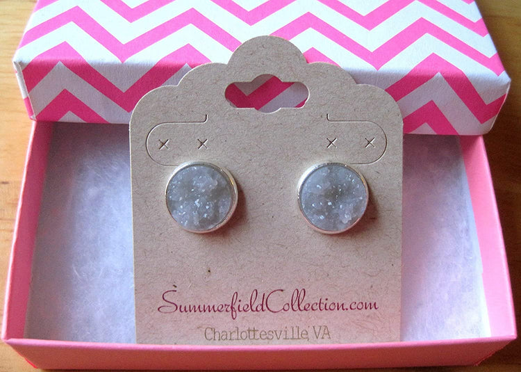 Silver-Tone Gray Faux Druzy Stone Stud Earrings 12mm